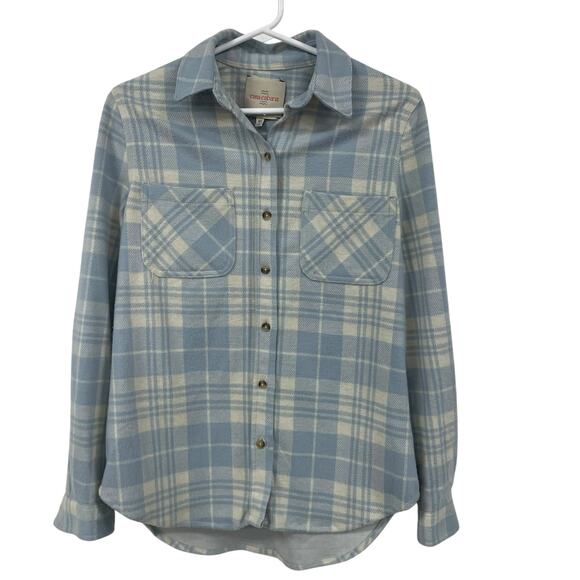 Casa Cabana Button Up Fleece Shirt Cream Blue Plaid Pattern Womens XS - Picture 1 of 6